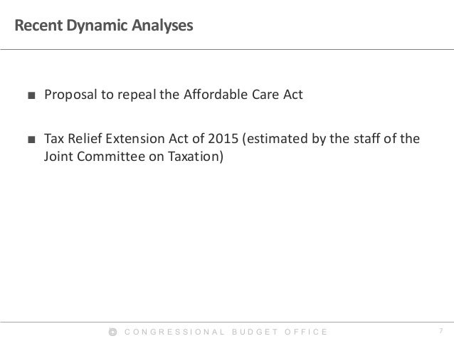 7C O N G R E S S I O N A L B U D G E T O F F I C E
Recent Dynamic Analyses
■ Proposal to repeal the Affordable Care Act
■ ...