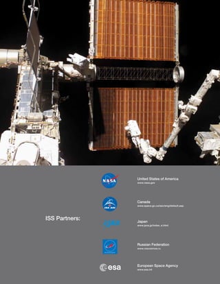 United States of America
                www.nasa.gov




                Canada
                www.space.gc.ca/asc/eng/default.asp




ISS Partners:   Japan
                www.jaxa.jp/index_e.html




                Russian Federation
                www.roscosmos.ru




                European Space Agency
                www.esa.int
 