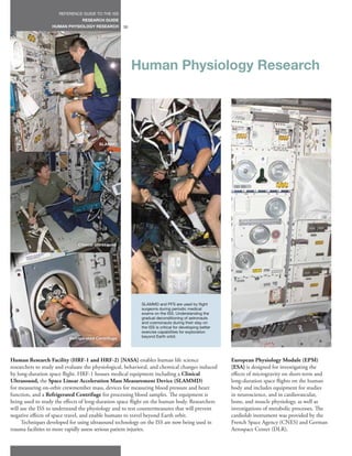 REFERENCE GUIDE TO THE ISS
                                RESEARCH GUIDE
                  HUMAN PHYSIOLOGY RESEARCH         30




                                                         Human Physiology Research




                                        SLAMMD




                              Clinical Ultrasound




                                                           SLAMMD and PFS are used by flight
                                                           surgeons during periodic medical
                                                           exams on the ISS. Understanding the
                                                           gradual deconditioning of astronauts
                                                           and cosmonauts during their stay on
                                                           the ISS is critical for developing better
                                                           exercise capabilities for exploration
                          Refrigerated Centrifuge          beyond Earth orbit.




Human Research Facility (HRF-1 and HRF-2) [NASA] enables human life science                            European Physiology Module (EPM)
researchers to study and evaluate the physiological, behavioral, and chemical changes induced          [ESA] is designed for investigating the
by long-duration space flight. HRF-1 houses medical equipment including a Clinical                     effects of microgravity on short-term and
Ultrasound, the Space Linear Acceleration Mass Measurement Device (SLAMMD)                             long-duration space flights on the human
for measuring on-orbit crewmember mass, devices for measuring blood pressure and heart                 body and includes equipment for studies
function, and a Refrigerated Centrifuge for processing blood samples. The equipment is                 in neuroscience, and in cardiovascular,
being used to study the effects of long-duration space flight on the human body. Researchers           bone, and muscle physiology, as well as
will use the ISS to understand the physiology and to test countermeasures that will prevent            investigations of metabolic processes. The
negative effects of space travel, and enable humans to travel beyond Earth orbit.                      cardiolab instrument was provided by the
     Techniques developed for using ultrasound technology on the ISS are now being used in             French Space Agency (CNES) and German
trauma facilities to more rapidly assess serious patient injuries.                                     Aerospace Center (DLR).
 