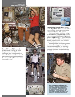REFERENCE GUIDE TO THE ISS
                               RESEARCH GUIDE
                  HUMAN PHYSIOLOGY RESEARCH       34

  Weightless                                                                                       Digital Holter ECG
  Adaptation




                                                                                                 Crew PADLES




                                                               Human Research Hardware [JAXA] includes a
                                                               portable Digital Holter ECG recorder for 24-hour
                                                               electrocardiogram monitoring of cardiovascular
                                                               and autonomic function of the astronauts.
                                                                    The recorded data are downlinked through
                                                               the Multi-Protocol Converter (MPC) and crew
                                                               Passive Dosimeter for Lifescience Experiment
                                                               in Space (PADLES), which is a passive dosimeter
                                                               that records the personal dose of the astronauts.
                                                               The dose records are used to assess a radiation
                                                               exposure limit of each astronaut.
                                                                    Human physiology research is coordinated
                                                               by an internal working group to coordinate
                                                               experiments and share data. An astronaut or
                                                   Locomotor
                                                               cosmonaut can participate in as many as 20
Human Life Research [Roscosmos]                    System      physiology experiments during his or her stay
includes a variety of devices and systems                      on the ISS.
designed to study human life in space.
Components of the system of equipment
include the Cardiovascular System Research
Rack, Weightlessness Adaptation Study Kit,
Immune System Study Kit, and Locomotor
System Study Facility.




                                                                   Hand Posture Analyser (HPA) [NASA, ASI] is
                                                                   composed of the Handgrip Dynamometer/Pinch
                                                                   Force Dynamometer, the Posture Acquisition
                                                                   Glove and the Inertial Tracking System (ITS) for
                                                                   the measurement of finger position and upper
                                                                   limb kinematics. The HPA examines the way
                                                                   hand and arm muscles are used differently during
                                                                   grasping and reaching tasks in weightlessness.
 