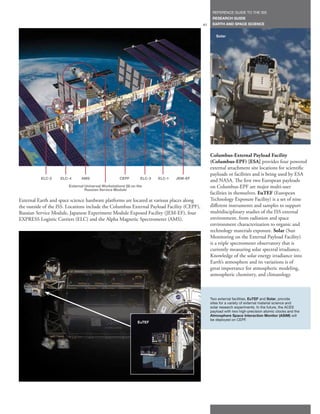 REFERENCE GUIDE TO THE ISS
                                                                                                 RESEARCH GUIDE
                                                                                           41    EARTH AND SPACE SCIENCE


                                                                                                   Solar




                                                                                                Columbus-External Payload Facility
                                                                                                (Columbus-EPF) [ESA] provides four powered
                                                                                                external attachment site locations for scientific
                                                                                                payloads or facilities and is being used by ESA
          ELC-2     ELC-4      AMS                   CEPF       ELC-3   ELC-1   JEM-EF
                                                                                                and NASA. The first two European payloads
                        External Universal Workstations (9) on the                              on Columbus-EPF are major multi-user
                                 Russian Service Module
                                                                                                facilities in themselves. EuTEF (European
External Earth and space science hardware platforms are located at various places along         Technology Exposure Facility) is a set of nine
the outside of the ISS. Locations include the Columbus External Payload Facility (CEPF),        different instruments and samples to support
Russian Service Module, Japanese Experiment Module Exposed Facility (JEM-EF), four              multidisciplinary studies of the ISS external
EXPRESS Logistic Carriers (ELC) and the Alpha Magnetic Spectrometer (AMS).                      environment, from radiation and space
                                                                                                environment characterization to organic and
                                                                                                technology materials exposure. Solar (Sun
                                                                                                Monitoring on the External Payload Facility)
                                                                                                is a triple spectrometer observatory that is
                                                                                                currently measuring solar spectral irradiance.
                                                                                                Knowledge of the solar energy irradiance into
                                                                                                Earth’s atmosphere and its variations is of
                                                                                                great importance for atmospheric modeling,
                                                                                                atmospheric chemistry, and climatology.



                                                                                                Two external facilities, EuTEF and Solar, provide
                                                                                                sites for a variety of external material science and
                                                                                                solar research experiments. In the future, the ACES
                                                                                                payload with two high-precision atomic clocks and the
                                                                                                Atmosphere Space Interaction Monitor (ASIM) will
                                                                                                be deployed on CEPF.
                                                               EuTEF
 