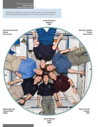 REFERENCE GUIDE TO THE ISS
                              RESEARCH GUIDE
                     EARTH AND SPACE SCIENCE     44



   Expedition 20 represented a milestone on board the ISS. It was the first time each
   international partner had a representative on board the station at the same time.


                                                               Frank De Winne
                                                                  Belgium
                                                                    ESA


Roman Romanenko                                                                         Gennady Padalka
Russia                                                                                           Russia
Roscosmos                                                                                   Roscosmos




Michael Barratt                                                                         Robert Thirsk
United States                                                                                Canada
NASA                                                                                            CSA


                                                                Koichi Wakata
                                                                    Japan
                                                                    JAXA
 