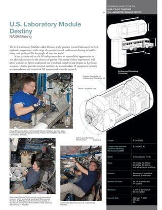 REFERENCE GUIDE TO THE ISS
                                                                                                              HOW IT’S PUT TOGETHER
                                                                                                        47    U.S. LABORATORY MODULE DESTINY




U.S. Laboratory Module
Destiny
NASA/Boeing

The U.S. Laboratory Module, called Destiny, is the primary research laboratory for U.S.
payloads, supporting a wide range of experiments and studies contributing to health,
safety, and quality of life for people all over the world.
     Science conducted on the ISS offers researchers an unparalleled opportunity to
test physical processes in the absence of gravity. The results of these experiments will
allow scientists to better understand our world and ourselves and prepare us for future
missions. Destiny provides internal interfaces to accommodate 24 equipment racks for
accommodation and control of ISS systems and scientific research.
                                                                                                                         Airflow and Plumbing
                                                                                                                         Crossover
                                                                                 Corner Standoffs for
                                                                                 Utilities and Plumbing (4)




                                                                            Rack Locations (24)




Doug Wheelock as he retrieves 2D Nano Template sample bags
from the Minus Eighty Laboratory Freezer for ISS (MELFI) in U.S.
Laboratory Destiny.
                                                                          Hatch and Berthing
                                                                          Mechanism         Endcone           Length                    8.5 m (28 ft)


                                                                                                              Length with attached      9.2 m (30.2 ft )
                                                                                                              Common Berthing
                                                                                                              Mechanism (CBM)


                                                                                                              Width                     4.3 m diameter (14 ft)


                                                                                                              Mass                      14,515 kg (32,000 lb)
                                                                                                                                        24,023 kg (52,962 lb)
                                                                                                                                        with all racks and outfitting


                                                                                                              Exterior                  Aluminum, 3 cylindrical
                                                                                                                                        sections, 2 endcones


                                                                                                              Number of racks           24 (13 scientific and
                                                                                                                                        11 system)


                                                                                                              Windows                   1, with a diameter of
                                                                                                                                        50.9 cm (20 in)

Astronaut Nicole Stott uses a communication                                                                   Launch date               February 7, 2001
system while installing the Light Microscopy
Module (LMM) Spindle Bracket Assembly in                                                                                                STS-98
the Fluids Integrated Rack (FIR) in the Destiny          Alexander Skvortsov in U.S. Laboratory                                         5A
laboratory of the ISS.                                   Destiny.
 