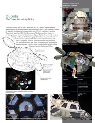 REFERENCE GUIDE TO THE ISS
                                                                                                     HOW IT’S PUT TOGETHER
                                                                                                55   CUPOLA




Cupola
ESA/Thales Alenia Italy (TAS-I)


The Cupola (named after the raised observation deck on a railroad caboose) is a small
module designed for the observation of operations outside the ISS such as robotic activities,
the approach of vehicles, and extravehicular activity (EVA). It was built in Europe by
Thales Alenia Space Italy (TAS-I) under contract of the European Space Agency. It
provides spectacular views of Earth and celestial objects. The Cupola has six side windows
         and a top window, all of which are equipped with shutters to protect them from
             contamination and collisions with orbital debris or micrometeorites. The
                Cupola is designed to house the robotic workstation that controls the
                 ISS’s remote manipulator arm. It can accommodate two crewmembers
                  simultaneously and is berthed to the Earth facing side of Node-3 using a           The Cupola in development.
                                         Common Berthing Mechanism (CBM).

                                                    Forged/Machined
                                                    Aluminum Dome




                                                                 Window Assembly
                                                                 (1 top and 6 side
                                                                 windows with
                                                                 fused silica and
                                                                 borosilicate glass
                                                                 panes, window
                                                                 heaters, and
                                                                 thermistors)


                                                                                                     Height                       1.5 m (4.7 ft)

                                                            Payload Data Grapple
                                                            Fixture (PDGF)                           Diameter                     3 m (9.8 ft)


                                                                                                     Mass                         1,880 kg (4,136 lb)


                                                                                                     Capacity                     2 crewmembers with
                                                                                                                                  portable workstation


Command and control workstation based on portable
computer system.
                                                                                                     Launch date                  February 8, 2010
                                                                                                                                  STS-130
                                                                                                                                  20A




                                                                                                     Crewmember George Zamka looking out through
Crewmember TJ Creamer with a view of Earth through the Cupola’s windows.                             the Cupola’s windows with shutters open.
 