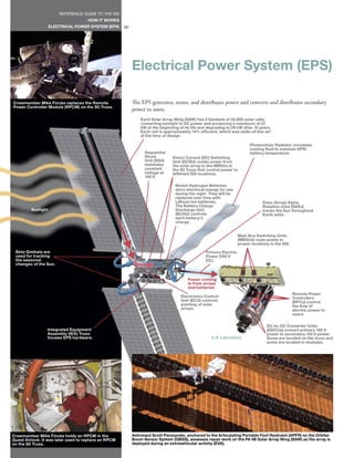 REFERENCE GUIDE TO THE ISS
                                     HOW IT WORKS
                    ELECTRICAL POWER SYSTEM (EPS)     90




                                                           Electrical Power System (EPS)

Crewmember Mike Fincke replaces the Remote                 The EPS generates, stores, and distributes power and converts and distributes secondary
Power Controller Module (RPCM) on the S0 Truss.
                                                           power to users.
                                                               Each Solar Array Wing (SAW) has 2 blankets of 32,800 solar cells,
                                                               converting sunlight to DC power and producing a maximum of 31
                                                               kW at the beginning of its life and degrading to 26 kW after 15 years.
                                                               Each cell is approximately 14% efficient, which was state-of-the-art
                                                               at the time of design.

                                                                                                                           Photovoltaic Radiator circulates
                                                                                                                           cooling fluid to maintain EPS/
                                                                 Sequential                                                battery temperature.
                                                                 Shunt          Direct Current (DC) Switching
                                                                 Unit (SSU)     Unit (DCSU) routes power from
                                                                 maintains      the solar array to the MBSUs in
                                                                 constant       the S0 Truss that control power to
                                                                 voltage at     different ISS locations.
                                                                 160 V.

                                                                                 Nickel-Hydrogen Batteries
                                                                                 store electrical energy for use
                                                                                 during the night. They will be
                                                                                 replaced over time with
                                                                                 Lithium Ion batteries.                           Solar (Array) Alpha
                                                                                 The Battery Charge                               Rotation Joint (SARJ)
         Sunlight                                                                Discharge Unit                                   tracks the Sun throughout
                                                                                 (BCDU) controls                                  Earth orbit.
                                                                                 each battery’s
                                                                                 charge.


                                                                                                                     Main Bus Switching Units
                                                                                                                     (MBSUs) route power to
                                                                                                                     proper locations in the ISS.

 Beta Gimbals are                                                                                 Primary Electric
 used for tracking                                                                                Power (160 V
 the seasonal                                                                                     DC).
 changes of the Sun.


                                                                                        Power coming
                                                                                        in from arrays
                                                                                        and batteries
                                                                                                                                                    Remote Power
                                                                                    Electronics Control                                             Controllers
                                                                                    Unit (ECU) controls                                             (RPCs) control
                                                                                    pointing of solar                                               the flow of
                                                                                    arrays.                                                         electric power to
                                                                                                                                                    users.

                                                                                                                                    DC-to-DC Converter Units
                 Integrated Equipment                                                                                               (DDCUs) convert primary 160 V
                 Assembly (IEA) Truss                                                                                               power to secondary 124 V power.
                 houses EPS hardware.                                                                U.S. Laboratory                Some are located on the truss and
                                                                                                                                    some are located in modules.




Crewmember Mike Fincke holds an RPCM in the                Astronaut Scott Parazynski, anchored to the Articulating Portable Foot Restraint (APFR) on the Orbiter
Quest Airlock. It was later used to replace an RPCM        Boom Sensor System (OBSS), assesses repair work on the P6 4B Solar Array Wing (SAW) as the array is
on the S0 Truss.                                           deployed during an extravehicular activity (EVA).
 