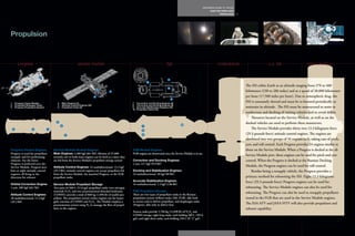 REFERENCE GUIDE TO THE ISS
                                                                                                                                                                             HOW THE CREW LIVES
                                                                                                                                                                                     PROPULSION     94




Propulsion



          progress                                             service module                                                              fgb                                     node/airlock                          u.s. lab                    jem/columbus


                              3
                                                                                                                                             7
    1                                                                                                                   10
                   2
                                                                                                                                                                                                         The ISS orbits Earth at an altitude ranging from 370 to 460
                                                                                                                                             9
                                                                                    6
                                                                                          4                                                                                                              kilometers (230 to 286 miles) and at a speed of 28,000 kilometers
                                                                                5                                                                                                                        per hour (17,500 miles per hour). Due to atmospheric drag, the
                                                                                                                                                 8
1       Progress Cargo Module               4   Main Engines (2)                                          7    Correction and Docking Engines (2)
                                                                                                                                                                                                         ISS is constantly slowed and must be re-boosted periodically to
2       Propellant Resupply Tanks           5   Attitude Control Engines (32)                             8    Correction and Docking Engines (2)
3       Progress Propulsion System          6   Propellant Tanks (4)                                      9    Accurate Stabilization Engines (16)                                                       maintain its altitude. The ISS must be maneuvered to assist in
                                                                                                          10   Propellant Tanks (16)
                                                                                                                                                                                                         rendezvous and docking of visiting vehicles and to avoid debris.
                                                                                                                                                                                                             Thrusters located on the Service Module, as well as on the
                                            6
                                                                                                                                                     10
                                                                                                                                                                                                         docked vehicles are used to perform these maneuvers.
                                                5                                                                   7
    3                  2             1
                                                                                                                    8
                                                                                                                                                                                                             The Service Module provides thirty-two 13.3-kilograms force
                                                    4                                                               9                                                                                    (29.3-pounds force) attitude control engines. The engines are
                                                                                                                                                                                                         combined into two groups of 16 engines each, taking care of pitch,
                                                                                                                                                                                                         yaw, and roll control. Each Progress provides 24 engines similar to
Progress Rocket Engines                  Service Module Rocket Engines                                    FGB Rocket Engines                                                                             those on the Service Module. When a Progress is docked at the aft
Progress is used for propellant          Main Engines: 2,300 kgf (661 lbf), lifetime of 25,000            FGB engines are deactivated once the Service Module is in use.
resupply and for performing              seconds; one or both main engines can be fired at a time; they
                                                                                                                                                                                                         Service Module port, these engines can be used for pitch and yaw
reboosts. For the latter,                are fed from the Service Module’s propellant storage system      Correction and Docking Engines:                                                                control. When the Progress is docked at the Russian Docking
Progress is preferred over the                                                                            2 axis, 417 kgf (919 lbf)
Service Module. Progress uses            Attitude Control Engines: 32 multidirectional, 13.3 kgf                                                                                                         Module, the Progress engines can be used for roll control.
four or eight attitude control           (29.3 lbf); attitude control engines can accept propellant fed   Docking and Stabilization Engines:                                                                 Besides being a resupply vehicle, the Progress provides a
engines, all firing in the               from the Service Module, the attached Progress, or the FGB       24 multidirectional, 40 kgf (88 lbf)
direction for reboost.                   propellant tanks                                                                                                                                                primary method for reboosting the ISS. Eight 13.3-kilograms
                                                                                                          Accurate Stabilization Engines:                                                                force (29.3-pounds force) Progress engines can be used for
Orbital Correction Engine:               Service Module Propellant Storage                                16 multidirectional, 1.3 kgf (2.86 lbf)
1 axis, 300 kgf (661 lbf)                Two pairs of 200-L (52.8-gal) propellant tanks (two nitrogen                                                                                                    reboosting. The Service Module engines can also be used for
                                         tetroxide N2O4 and two unsymmetrical dimethyl hydrazine          FGB Propellant Storage
                                                                                                                                                                                                         reboosting. The Progress can also be used to resupply propellants
Attitude Control Engines:                [UDMH]) provide a total of 860 kg (1,896 lb) of usable pro-      There are two types of propellant tanks in the Russian
28 multidirectional, 13.3 kgf            pellant. The propulsion system rocket engines use the hyper-     propulsion system: bellows tanks (SM, FGB), able both                                          stored in the FGB that are used in the Service Module engines.
(29.3 lbf)                               golic reaction of UDMH and N2O4. The Module employs a            to receive and to deliver propellant, and diaphragm tanks
                                         pressurization system using N2 to manage the flow of propel-     (Progress), able only to deliver fuel.                                                         The ESA ATV and JAXA HTV will also provide propulsion and
                                         lants to the engines.                                                                                                                                           reboost capability.
                                                                                                          Sixteen tanks provide 5,760 kg (12,698 lb) of N2O4 and
                                                                                                          UDMH storage: eight long tanks, each holding 400 L (105.6
                                                                                                          gal), and eight short tanks, each holding 330 L (87.17 gal).
 
