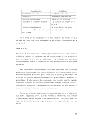 Conocimientos                              Habilidades
          - Se refieren a información                  - Se refieren a actividad
          - son estáticos                              - transforman la información
          - aumentan con el estudio                    - aumentan con el ejercicio
          - se evalúan en función de la verdad         - se evalúan en función de la
                                                       eficacia
          - se transmiten verbalmente                  - se desarrollan por la práctica
          -   son    reconocibles       cuando   están - son automáticas
          estructurados


     Por lo tanto, en una exposición, no se trata solamente de hablar; hay que
hacerlo, pero para influir en el pensamiento de los alumnos. Esto ni es sencillo, ni
siempre fácil.


CONCLUSIÓN


En el modo de hablar de la enseñanza los profesores no siempre dan a entender que
su tarea es compleja. Su trabajo en clase, en el curso de una lección, muestra que
están entregados a una serie de actividades.               Los resultados del aprendizaje
dependen mucho más de la calidad de esa serie de actividades que de la mera
exposición.


     Ante los resultados decepcionantes, uno puede preguntarse si las actividades
propuestas a los alumnos permitían realmente alcanzar el nivel de aprendizaje que se
medía en el examen. Es evidente que el hablar, para el profesor, y el escuchar, para
el alumno, no expresan adecuadamente la riqueza y la complejidad de la relación
pedagógica.         El alumno aprende escuchando, pero también aprende leyendo,
elaborando esquemas que organicen los contenidos recibidos, realizando ejercicios,
reaccionando al «feed-back» del profesor como consecuencia del error, discutiendo
sobre una materia con otros alumnos o con el profesor, etc.


     En resumen, el alumno aprende cuando reorganiza por sí mismo la información
que recibe.         El profesor enseña cuando transmite la información, pero también
cuando facilita al alumno el captar los modelos para tratarla y ejercitar su capacidad
haciendo él mismo las operaciones que se le piden. Esto supera el simple hecho de
hablar.




                                                                                          35
 