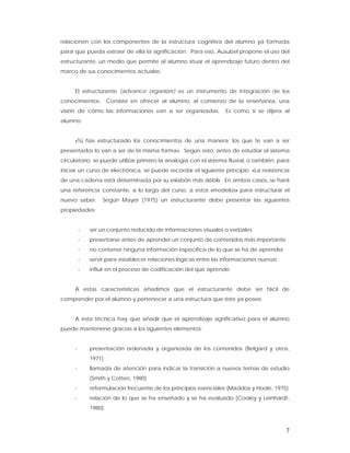 relacionen con los componentes de la estructura cognitiva del alumno ya formada
para que pueda extraer de ella la significación. Para eso, Ausubel propone el uso del
estructurante, un medio que permite al alumno situar el aprendizaje futuro dentro del
marco de sus conocimientos actuales.


     El estructurante (advance organizer) es un instrumento de integración de los
conocimientos. Consiste en ofrecer al alumno, al comienzo de la enseñanza, una
visión de cómo las informaciones van a ser organizadas.          Es como si se dijera al
alumno:


     «Tú has estructurado los conocimientos de una manera; los que te van a ser
presentados lo van a ser de la misma forma». Según esto, antes de estudiar el sistema
circulatorio, se puede utilizar primero la analogía con el sistema fluvial, o también, para
iniciar un curso de electrónica, se puede recordar el siguiente principio: «La resistencia
de una cadena está determinada por su eslabón más débil». En ambos casos, se hará
una referencia constante, a lo largo del curso, a estos «modelos» para estructurar el
nuevo saber.      Según Mayer (1975) un estructurante debe presentar las siguientes
propiedades:


         -   ser un conjunto reducido de informaciones visuales o verbales
         -   presentarse antes de aprender un conjunto de contenidos más importante
         -   no contener ninguna información específica de lo que se ha de aprender
         -   servir para establecer relaciones lógicas entre las informaciones nuevas
         -   influir en el proceso de codificación del que aprende.


     A estas características añadimos que el estructurante debe ser fácil de
comprender por el alumno y pertenecer a una estructura que éste ya posee.


     A esta técnica hay que añadir que el aprendizaje significativo para el alumno
puede mantenerse gracias a los siguientes elementos:


     -       presentación ordenada y organizada de los contenidos (Belgard y otros,
             1971)
     -       llamada de atención para indicar la transición a nuevos temas de estudio
             (Smith y Cotten, 1980)
     -       reformulación frecuente de los principios esenciales (Maddox y Hoole, 1975)
     -       relación de lo que se ha enseñado y se ha evaluado (Cooley y Leinhardt,
             1980).



                                                                                         7
 