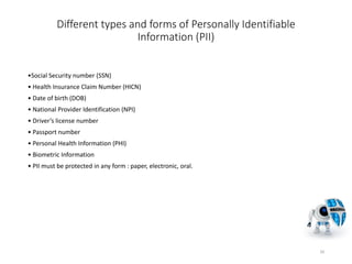 Different types and forms of Personally Identifiable
Information (PII)
•Social Security number (SSN)
• Health Insurance Claim Number (HICN)
• Date of birth (DOB)
• National Provider Identification (NPI)
• Driver’s license number
• Passport number
• Personal Health Information (PHI)
• Biometric Information
• PII must be protected in any form : paper, electronic, oral.
39
 