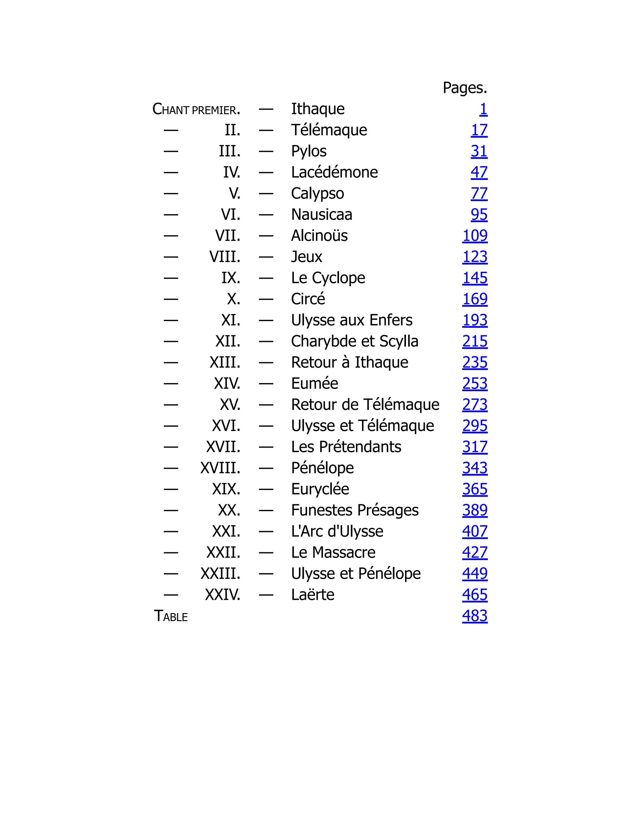 Pages.
Chant premier. — Ithaque 1
— II. — Télémaque 17
— III. — Pylos 31
— IV. — Lacédémone 47
— V. — Calypso 77
— VI. — Nausicaa 95
— VII. — Alcinoüs 109
— VIII. — Jeux 123
— IX. — Le Cyclope 145
— X. — Circé 169
— XI. — Ulysse aux Enfers 193
— XII. — Charybde et Scylla 215
— XIII. — Retour à Ithaque 235
— XIV. — Eumée 253
— XV. — Retour de Télémaque 273
— XVI. — Ulysse et Télémaque 295
— XVII. — Les Prétendants 317
— XVIII. — Pénélope 343
— XIX. — Euryclée 365
— XX. — Funestes Présages 389
— XXI. — L'Arc d'Ulysse 407
— XXII. — Le Massacre 427
— XXIII. — Ulysse et Pénélope 449
— XXIV. — Laërte 465
Table 483
 