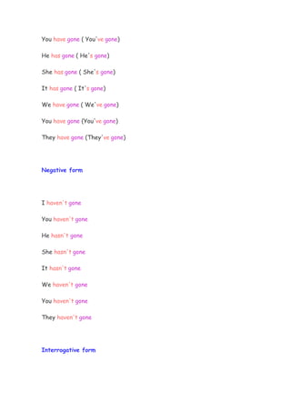 You have gone ( You've gone)

He has gone ( He's gone)

She has gone ( She's gone)

It has gone ( It's gone)

We have gone ( We've gone)

You have gone (You've gone)

They have gone (They've gone)




Negative form




I haven't gone

You haven't gone

He hasn't gone

She hasn't gone

It hasn't gone

We haven't gone

You haven't gone

They haven't gone




Interrogative form
 