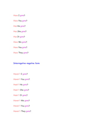 Have I gone?

Have You gone?

Has He gone?

Has She gone?

Has It gone?

Have We gone?

Have You gone?

Have They gone?




Interrogative-negative form




Haven't I gone?

Haven't You gone?

Hasn't He gone?

Hasn't She gone?

Hasn't It gone?

Haven't We gone?

Haven't You gone?

Haven't They gone?
 