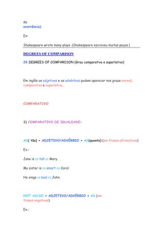 da
ocorrência).

Ex:

Shakespeare wrote many plays .(Shakespeare escreveu muitas peças.)

DEGREES OF COMPARISON

29.DEGREES OF COMPARISON (Grau comparativo e superlativo)




Em inglês os adjetivos e os advérbios podem aparecer nos graus normal,
comparativo e superlativo.




COMPARATIVO




1) COMPARATIVO DE IGUALDADE:




AS( tão) + ADJETIVO/ADVÉRBIO + AS(quanto) (em frases afirmativas)

Ex.:

Jane is as tall as Mary.

My sister is as smart as Carol.

He sings as bad as John.




NOT AS/SO + ADJETIVO/ADVÉRBIO + AS (em
frases negativas)

Ex.:
 