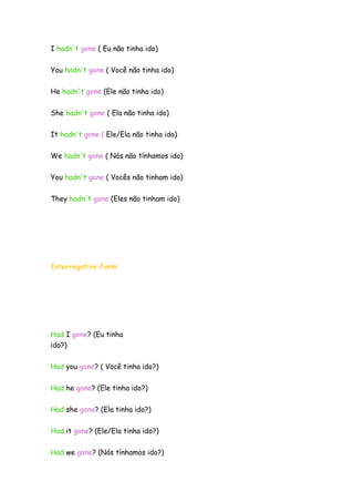 I hadn't gone ( Eu não tinha ido)


You hadn't gone ( Você não tinha ido)

He hadn't gone (Ele não tinha ido)


She hadn't gone ( Ela não tinha ido)


It hadn't gone ( Ele/Ela não tinha ido)


We hadn't gone ( Nós não tínhamos ido)


You hadn't gone ( Vocês não tinham ido)


They hadn't gone (Eles não tinham ido)




Interrogative Form




Had I gone? (Eu tinha
ido?)


Had you gone? ( Você tinha ido?)

Had he gone? (Ele tinha ido?)


Had she gone? (Ela tinha ido?)

Had it gone? (Ele/Ela tinha ido?)

Had we gone? (Nós tínhamos ido?)
 
