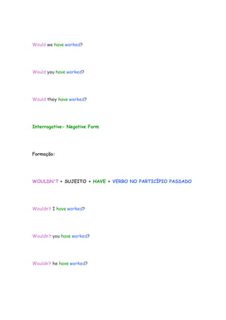 Would we have worked?




Would you have worked?




Would they have worked?




Interrogative- Negative Form




Formação:




WOULDN'T + SUJEITO + HAVE + VERBO NO PARTICÍPIO PASSADO




Wouldn’t I have worked?




Wouldn’t you have worked?




Wouldn’t he have worked?
 
