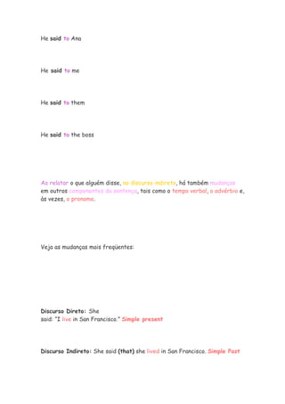 He said to Ana




He said to me




He said to them




He said to the boss




Ao relatar o que alguém disse, no discurso indireto, há também mudanças
em outros componentes da sentença, tais como o tempo verbal, o advérbio e,
às vezes, o pronome.




Veja as mudanças mais freqüentes:




Discurso Direto: She
said: “I live in San Francisco.” Simple present




Discurso Indireto: She said (that) she lived in San Francisco. Simple Past
 