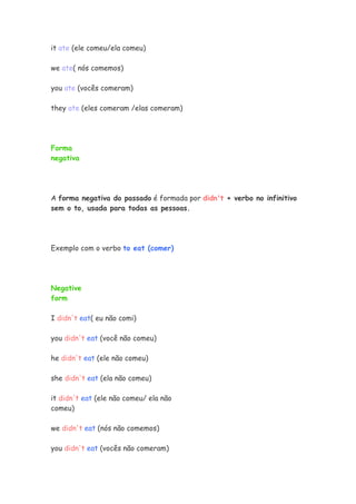 it ate (ele comeu/ela comeu)

we ate( nós comemos)

you ate (vocês comeram)

they ate (eles comeram /elas comeram)




Forma
negativa




A forma negativa do passado é formada por didn't + verbo no infinitivo
sem o to, usada para todas as pessoas.




Exemplo com o verbo to eat (comer)




Negative
form

I didn't eat( eu não comi)

you didn't eat (você não comeu)

he didn't eat (ele não comeu)

she didn't eat (ela não comeu)

it didn't eat (ele não comeu/ ela não
comeu)

we didn't eat (nós não comemos)

you didn't eat (vocês não comeram)
 