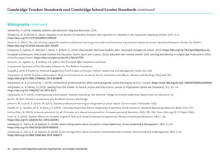 Cambridge Teacher Standards and Cambridge School Leader Standards continued
www.cambridgeinternational.org/teacher-and-leader-standards
10
Bibliography continued
Demetriou, H. (2018). Empathy, emotion, and education. Palgrave Macmillan, 2018.
Demetriou, H.,  Nicholl, B. (2022). Empathy is the mother of invention: Emotion and cognition for creativity in the classroom. Improving Schools, 25(1), 4–21.
https://doi.org/10.1177/1365480221989500
Demir, E. K. (2021). The role of social capital for teacher professional learning and student achievement: A systematic literature review. Educational Research Review, 33, 100391-.
https://doi.org/10.1016/j.edurev.2021.100391
Echazarra, A., Salinas, D., Méndez, I., Denis, V.,  Rech, G. (2016). How teachers teach and students learn: Successful strategies for school. OECD. https://doi.org/10.1787/5jm29kpt0xxx-en
European Commission, Directorate-General for Education, Youth, Sport and Culture, (2020). Education and training monitor 2020: teaching and learning in a digital age, Publications Office
of the European Union. https://data.europa.eu/doi/10.2766/917974
Grissom, J.A., Egalite, A.J.  Lindsay, C.A. (2021). How Principals Affect Students and Schools.
A Systematic Synthesis of Two Decades of Research. The Wallace Foundation.
Goodall, J. 2018.“A Toolkit for Parental Engagement: From Project to Process.” School Leadership and Management 38 (2): 222–238.
Hargreaves, A. (2019). Teacher collaboration: 30 years of research on its nature, forms, limitations and effects. Teachers and Teaching, 25(5), 603–621.
https://doi.org/10.1080/13540602.2019.1639499
Hargreaves, A.,  O’Connor, M. T. (2018). Collaborative professionalism: When teaching together means learning for all (1st.). Corwin. https://cam.ldls.org.uk/vdc_100058745859.0x000001
Hargreaves, A.,  Shirley, D. (2020). Leading from the middle: Its nature, origins and importance. Journal of Professional Capital and Community, 5(1), 92–114.
https://doi.org/10.1108/JPCC-06-2019-0013
Hargreaves, D. H. (2012). A self-improving school system: Towards maturity (p. 50). National College for School Leadership, Department for Education UK.
Jeynes, W. 2011. Parental Involvement and Academic Success. Routledge.
Johnson, W., Lustick, D.,  Kim, M. (2011). Teacher professional learning as the growth of social capital. Current Issues in Education, 14(3).
Khalifa, M. A., Gooden, M. A.,  Davis, J. E. (2016). Culturally Responsive School Leadership: A Synthesis of the Literature. Review of Educational Research, 86(4), 1272–1311.
Kohout-Diaz, M. (2023). Inclusive education for all: Principles of a shared inclusive ethos. European Journal of Education, 58(2), 185–196. https://doi.org/10.1111/ejed.12560
Kraft, M. A. (2019). Teacher Effects on Complex Cognitive Skills and Social-Emotional Competencies. The Journal of Human Resources, 54(1), 1–36.
https://doi.org/10.3368/jhr.54.1.0916.8265R3
Leithwood, K., Harris, A.,  Hopkins, D. (2008). Seven strong claims about successful school leadership. School Leadership  Management, 28(1), 27–42.
https://doi.org/10.1080/13632430701800060
Leithwood, K., Harris, A.,  Hopkins, D. (2020). Seven strong claims about successful school leadership revisited. School Leadership  Management, 40(1), 5–22.
https://doi.org/10.1080/13632434.2019.1596077
 