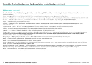 Cambridge Teacher Standards and Cambridge School Leader Standards continued
www.cambridgeinternational.org/teacher-and-leader-standards
12
Rowe, N., Wilkin, A.,  Wilson, R. (2012). Mapping of Seminal Reports on Good Teaching (NFER Research Programme: Developing the Education Workforce). National Foundation for
Educational Research.
Rutter, M., Maughan, B., Mortimore, P.,  Ouston, J. (1979). Fifteen thousand hours: Secondary schools and their effects on children. Open Books.
Schön, D. A. (1995). Knowing-In-Action: The New Scholarship Requires a New Epistemology. Change (New Rochelle, N.Y.), 27(6), 27–34. https://doi.org/10.1080/00091383.1995.10544673
Shulman, L. (1986). Those Who Understand: Knowledge Growth in Teaching. Educational Researcher, 15(2), 4–14. https://doi.org/10.3102/0013189X015002004
Sutton, R. (1995). Assessment for Learning. RS Publications.
Swaffield, S.  McBeath, J. (2013). Leadership for Learning. In Marion Cartwright, Pete Bradshaw,  Christine Wise (Eds.), Leading Professional Practice in Education (pp. 9–24).
SAGE Publications Ltd.
van Poortvliet, M., Axford, N.,  Lloyd, J. (2018). Working with Parents to Support Children’s Learning: Guidance Report. Education Endowment Foundation.
UNESCO. 2021. Global Education Monitoring Report 2021/2: Non-state actors in education: Who chooses? Who loses? UNESCO.
Vygotsky, L. S. (1978). Mind in society the development of higher psychological processes. Harvard University Press.
Wenger-Trayler, E., Fenton-O’Creevy, M., Hutchinson, S., Kubiak, C.,  Wenger-Trayner, B. (2014). Learning in Landscapes of Practice: Boundaries, identity, and knowledgeability in practice-
based learning. Routledge. https://www.routledge.com/Learning-in-Landscapes-of-Practice-Boundaries-identity-and-knowledgeability/Wenger-Trayner-Fenton-OCreevy-
Hutchinson-Kubiak-Wenger-Trayner/p/book/9781138022195
Wenger-Trayner, E.,  Wenger-Trayner, B. (2020). Learning to Make a Difference: Value Creation in Social Learning Spaces. Cambridge University Press.
Wiliam, D. (2009). Assessment for learning: Why, what and how? University of London, Institute of Education.
Wiliam, D. (2017). Embedded Formative Assessment (2nd edition). Solution Tree, Inc.
Wilson, E.,  Sharimova, A. (2019). Conceptualizing the implementation of Lesson Study in Kazakhstan within a social theory framework. International Journal for Lesson and Learning
Studies, 8(4), 320–333. https://doi.org/10.1108/IJLLS-08-2019-0060
Winthrop, R., Barton, A., Ershadi, M.,  Ziegler, L. (2021). Collaborating to Transform and Improve Education Systems: A playbook for Family-school Engagement. The Brookings Institution.
https://www.brookings.edu/articles/collaborating-to-transform-and-improve-education-systems-a-playbook-for-family-school-engagement/#the-four-goals
Woods, D., and T. Brighthouse. 2013. The A to Z of School Improvement. Bloomsbury Education.
© Cambridge University Press  Assessment 2024
Bibliography continued
 