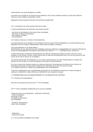 conformément aux recommandations du CGNC.
Les stocks sont comptés en fin d’exercice puis évalués au coût moyen pondéré calculé sur la base des achats de
l’exercice suivant tableau récapitulatif ci-après :
Désignation article Quantité A Montant annuel B Moy pondérée B/A
2-6.1.4 Evaluation des autres postes d’actif et du passif
Il s’agit essentiellement de l’évaluation des postes suivants :
- Des titres de participation et les autres titres immobilisés.
- Des titres et valeurs de placement.
- Des créances et dettes.
- De la trésorerie.
2-6.2 Options retenues en matière d’amortissements.
Les amortissements sont calculés sur les montants de prix de revient des immobilisations au prorata temporisa avec
application des taux linéaires réglementaires retenus dans le tableau ci-dessous :
Type d’immobilisation % An Mode Plafond
Immobilisation en non-valeurConstruction Installation technique Matériel et outillageMatériel et transports Mob Mat de
bureau et aménageMatériel informatique 2051010251010 Linéaire« « « « « « 200.000 DH pour véhicule CI
La date retenue pour le calcul de l’amortissement est celle qui coïncide avec la date de mise en service ou de la
réception du bien acquis. D’autre, la date retenue pour le calcul de l’amortissement est le 1er du mois quel qu’en soit
le jour de sa mise en service ou sa réception.
Les amortissements des immobilisations en non-valeur notamment pour les frais d’augmentation de capital sont
amortis sur trois années, et ce sans la pratique du principe du prorata temporis.
En ce qui concerne les charges à repartir sur plusieurs exercices, l’amortissement est déterminé en fonction de
l’importance des travaux et des pièces montées et de l’estimation de la durée de l’usure normale.
2-6.3 Options retenues en matière de comptabilisation des immobilisations
Toutes les immobilisations sont comptabilisées directement en immobilisation lorsque leur montant est égal ou
supérieur à 2000,00 DH. Celles inférieures à 2000,00 DH sont imputés en charges.
2-7 INFORMATIONS SUR LES ENREGISTREMENTS ET LES MODALITES DE CONTROLE
2-7.1 Schéma de comptabilisation
Sources de provenance du flux des do*****ent comptables
Do*****ents comptables réceptionnés par le service comptable
Triage par nature et par destination - Vérification conformité
- Ordre d’imputation
donné par le chef
comptable et distribution
aux comptables
- Réception des pièces par
chacun des comptables
- Préparation
- Saisie des données
2-7.2 Les contrôles comptables mis en place
 