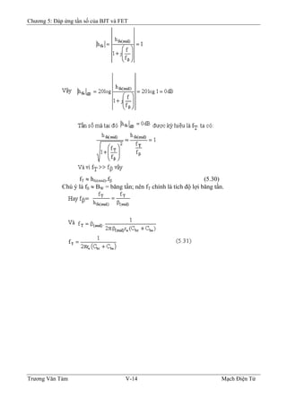 Chương 5: Đáp ứng tần số của BJT và FET
fT ≈ hfe(mid).fβ (5.30)
Chú ý là fβ ≈ BW = băng tần; nên fT chính là tích độ lợi băng tần.
Trương Văn Tám V-14 Mạch Điện Tử
 