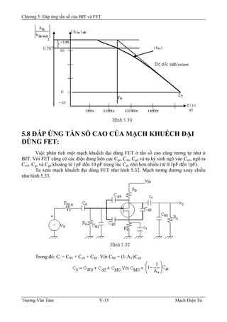 Chương 5: Đáp ứng tần số của BJT và FET
5.8 ÐÁP ỨNG TẦN SỐ CAO CỦA MẠCH KHUẾCH ÐẠI
DÙNG FET:
Việc phân tích một mạch khuếch đại dùng FET ở tần số cao cũng tương tự như ở
BJT. Với FET cũng có các điện dung liên cực Cgs, Cds, Cgd và tụ ký sinh ngõ vào Cwi, ngõ ra
Cw0. Cgs và Cgd khoảng từ 1pF đến 10 pF trong lúc Cds nhỏ hơn nhiều (từ 0.1pF đến 1pF).
Ta xem mạch khuếch đại dùng FET như hình 5.32. Mạch tương đương xoay chiều
như hình 5.33.
Trong đó: Ci = CWi + CgS + C VớiMi CMi = (1-AV)Cgd
Trương Văn Tám V-15 Mạch Điện Tử
 