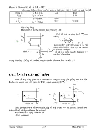 Chương 6: Các dạng liên kết của BJT và FET
chung nên cũng có tổng trở vào lớn, tổng trở ra nhỏ và độ lợi diện thế xấp xỉ 1.
6.4 LIÊN KẾT CẶP HỒI TIẾP:
Liên kết này cũng gồm có 2 transistor và cũng có dạng gần giống như liên kết
Darlington nhưng gồm có 1 transistor PNP và một transistor NPN.
Cũng giống như liên kết Darlington, cặp hồi tiếp sẽ cho một độ lợi dòng điện rất lớn
(bằng tích độ lợi dòng điện của 2 transistor).
Mạch thực tế có dạng như hình 6.17
- Tính phân cực:
Trương Văn Tám VI-10 Mạch Điện Tử
 