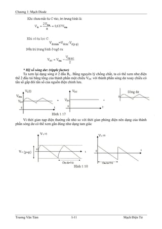 Chương 1: Mạch Diode
* Hệ số sóng dư: (ripple factor)
Ta xem lại dạng sóng ở 2 đầu RL. Bằng nguyên lý chồng chất, ta có thể xem như điện
thế 2 đầu tải bằng tổng của thành phần một chiều VDC với thành phần sóng dư xoay chiều có
tần số gấp đôi tần số của nguồn điện chỉnh lưu.
Vì thời gian nạp điện thường rất nhỏ so với thời gian phóng điện nên dạng của thành
phần sóng dư có thể xem gần đúng như dạng tam giác
Trương Văn Tám I-11 Mạch Điện Tử
 