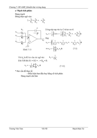 Chương 7: OP-AMP_Khuếch đại và ứng dụng
c/ Mạch tích phân:
Dạng mạch
Dòng điện ngõ vào:
* Hai vấn đề thực tế:
- Ðiều kiện ban đầu hay hằng số tích phân:
Dạng mạch căn bản
Trương Văn Tám VII-10 Mạch Điện Tử
 