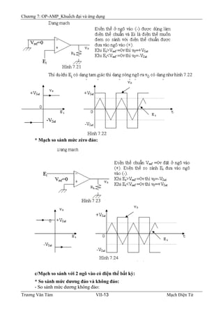 Chương 7: OP-AMP_Khuếch đại và ứng dụng
* Mạch so sánh mức zéro đảo:
c/Mạch so sánh với 2 ngõ vào có điện thế bất kỳ:
* So sánh mức dương đảo và không đảo:
- So sánh mức dương không đảo:
Trương Văn Tám VII-13 Mạch Điện Tử
 