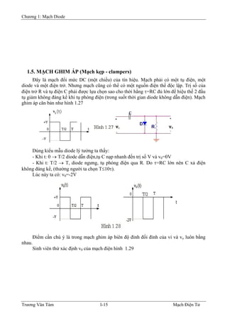 Chương 1: Mạch Diode
1.5. MẠCH GHIM ÁP (Mạch kẹp - clampers)
ệu. Mạch phải có một tụ điện, một
diode
ù
đến trị số V và v0=0V
nên C xả điện
khôn
Ðây là mạch đổi mức DC (một chiều) của tín hi
và một điện trở. Nhưng mạch cũng có thể có một nguồn điện thế độc lập. Trị số của
điện trở R và tụ điện C phải được lựa chọn sao cho thời hằng τ=RC đủ lớn để hiệu thế 2 đầu
tụ giảm không đáng kể khi tụ phóng điện (trong suốt thời gian diode không dẫn điện). Mạch
ghim áp căn bản như hình 1.27
D ng kiểu mẫu diode lý tưởng ta thấy:
- Khi t: 0 → T/2 diode dẫn điện,tụ C nạp nhanh
- Khi t: T/2 → T, diode ngưng, tụ phóng điện qua R. Do τ=RC lớn
g đáng kể, (thường người ta chọn T≤10τ).
Lúc này ta có: v0=-2V
Ðiểm cần chú ý là trong mạch ghim áp biên độ đỉnh đối đỉnh của vi và vo luôn bằng
nhau.
inh viên thử xác định v0 của mạch điện hình 1.29S
Trương Văn Tám I-15 Mạch Điện Tử
 