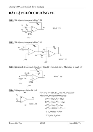 Chương 7: OP-AMP_Khuếch đại và ứng dụng
BÀI TẬP CUỐI CHƯƠNG VII
Bài 1: Xác định v0 trong mạch hình 7.59
Bài 2: Xác định v0 trong mạch hình 7.60
Bài 3: Xác định IL trong mạch hình 7.61. Thay RL=5kΩ, tính lại IL. Mạch trên là mạch gì?
Bài 4: Một op-amp có các đặc tính
Trương Văn Tám VII-40 Mạch Điện Tử
 