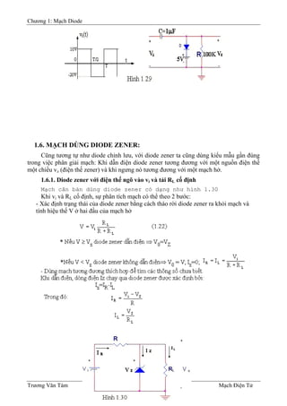 Chương 1: Mạch Diode
1.6. MẠCH DÙNG DIODE ZENER:
Cũng tương tự như diode chỉnh lưu, với diode zener ta cũng dùng kiểu mẫu gần đúng
trong việc phân giải mạch: Khi dẫn điện diode zener tương đương với một nguồn điện thế
một chiều vz (điện thế zener) và khi ngưng nó tương đương với một mạch hở.
1.6.1. Diode zener với điện thế ngõ vào vi và tải RL cố định
Mạch căn bản dùng diode zener có dạng như hình 1.30
Khi vi và RL cố định, sự phân tích mạch có thể theo 2 bước:
- Xác định trạng thái của diode zener bằng cách tháo rời diode zener ra khỏi mạch và
tính hiệu thế V ở hai đầu của mạch hở
Trương Văn Tám I-16 Mạch Điện Tử
 