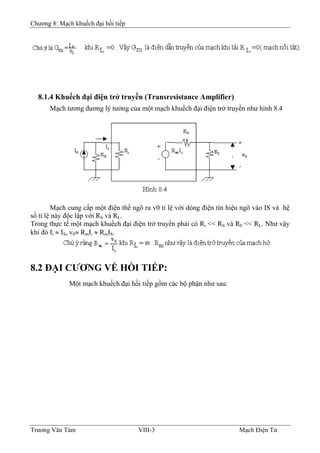 Chương 8: Mạch khuếch đại hồi tiếp
8.1.4 Khuếch đại điện trở truyền (Transresistance Amplifier)
Mạch tương đương lý tưởng của một mạch khuếch đại điện trở truyền như hình 8.4
Mạch cung cấp một điện thế ngõ ra v0 tỉ lệ với dòng điện tín hiệu ngõ vào IS và hệ
số tỉ lệ này độc lập với RS và RL.
Trong thực tế một mạch khuếch đại điện trở truyền phải có Ri << RS và R0 << RL. Như vậy
khi đó Ii ≈ IS, v0≈ RmIi ≈ RmIS.
8.2 ÐẠI CƯƠNG VỀ HỒI TIẾP:
Một mạch khuếch đại hồi tiếp gồm các bộ phận như sau:
Trương Văn Tám VIII-3 Mạch Điện Tử
 