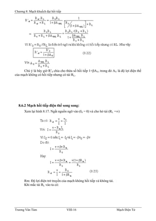 Chương 8: Mạch khuếch đại hồi tiếp
Chú ý là bây giờ R’0 chia cho thừa số hồi tiếp 1+βAV, trong đó AV là độ lợi điện thế
của mạch không có hồi tiếp nhưng có tải RL.
8.6.2 Mạch hồi tiếp điện thế song song:
Xem lại hình 8.17. Ngắt nguồn ngõ vào (IS = 0) và cho hở tải (RL =∞)
Rm: Ðộ lợi điện trở truyền của mạch không hồi tiếp và không tải.
Khi mắc tải RL vào ta có:
Trương Văn Tám VIII-16 Mạch Điện Tử
 