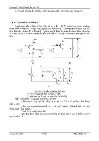 Chương 8: Mạch khuếch đại hồi tiếp
Một mạch hồi tiếp điện thế nối tiếp 2 tầng dùng BJT được đưa vào ở mục 8.9.
8.8.1 Mạch source-follower:
Mạch được cho ở hình 8.18a. Ðiện trở tải là RL = R. Vì mạch vòng ngõ vào chứa
thành phần R được nối với ngõ ra (v0 ngang qua R) nên đây là trường hợp của mạch trộn nối
tiếp. Tín hiệu hồi tiếp Xf là điện thế vf ngang qua R. Kiểu lấy mẫu tìm được bằng cách cho
v0 = 0 và khi đó vf = 0 nên là kiểu lấy mẫu điện thế. Vì vậy đây là mạch hồi tiếp điện thế nối
tiếp.
Hình 8.18 (a) Mạch Source follower
(b) Khuếch đại căn bản không hồi tiếp
(c) Mạch tương đương tín hiệu nhỏ tần số thấp
Ðể vẽ mạch khuếch đại căn bản ta theo 2 bước:
- Tìm mạch vòng ngõ vào bằng cách cho v0 = 0, khi đó vS được đưa thẳng
giữa G và S.
- Tìm mạch ngõ ra bằng cách cho Ii = 0 (ngõ vào hở). Khi đó R chỉ xuất hiện
trong mạch vòng ngõ ra.
Ta vẽ được mạch hình 8.18b.
Khi thay FET bằng mạch tương đương tín hiệu nhỏ ở tần số thấp ta được
mạch hình 8.18c
Trương Văn Tám VIII-21 Mạch Điện Tử
 