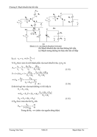 Chương 8: Mạch khuếch đại hồi tiếp
(b) Mạch khuếch đại căn bản không hồi tiếp
(c) Mạch tương đương tín hiệu nhỏ tần số thấp
Trong đó R0 →∞ (nhìn vào nguồn dòng điện)
Trương Văn Tám VIII-23 Mạch Điện Tử
 