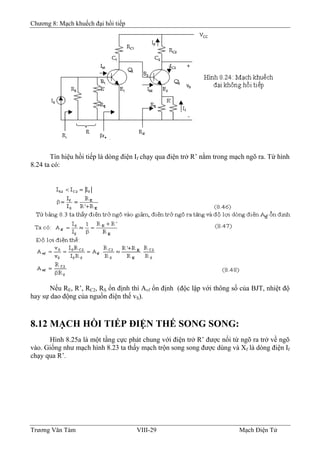 Chương 8: Mạch khuếch đại hồi tiếp
Tín hiệu hồi tiếp là dòng điện If chạy qua điện trở R’ nằm trong mạch ngõ ra. Từ hình
8.24 ta có:
Nếu RE, R’, RC2, RS ổn định thì Avf ổn định (độc lập với thông số của BJT, nhiệt độ
hay sự dao động của nguồn điện thế vS).
8.12 MẠCH HỒI TIẾP ÐIỆN THẾ SONG SONG:
Hình 8.25a là một tầng cực phát chung với điện trở R’ được nối từ ngõ ra trở về ngõ
vào. Giống như mạch hình 8.23 ta thấy mạch trộn song song được dùng và Xf là dòng điện If
chạy qua R’.
Trương Văn Tám VIII-29 Mạch Điện Tử
 