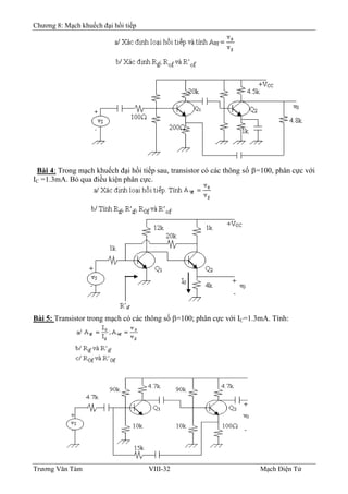 Chương 8: Mạch khuếch đại hồi tiếp
Bài 4: Trong mạch khuếch đại hồi tiếp sau, transistor có các thông số β=100, phân cực với
IC =1.3mA. Bỏ qua điều kiện phân cực.
Bài 5: Transistor trong mạch có các thông số β=100; phân cực với IC=1.3mA. Tính:
Trương Văn Tám VIII-32 Mạch Điện Tử
 