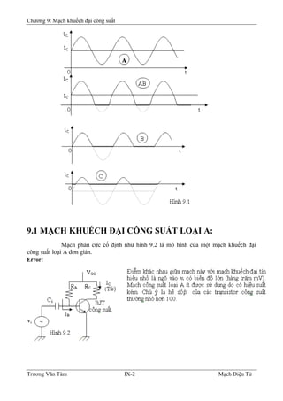 Chương 9: Mạch khuếch đại công suất
9.1 MẠCH KHUẾCH ÐẠI CÔNG SUẤT LOẠI A:
Mạch phân cực cố định như hình 9.2 là mô hình của một mạch khuếch đại
công suất loại A đơn giản.
Error!
Trương Văn Tám IX-2 Mạch Điện Tử
 