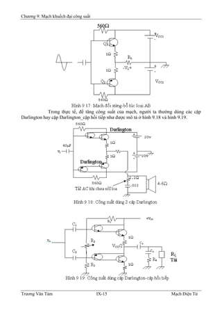 Chương 9: Mạch khuếch đại công suất
Trong thực tế, để tăng công suất của mạch, người ta thường dùng các cặp
Darlington hay cặp Darlington_cặp hồi tiếp như được mô tả ở hình 9.18 và hình 9.19.
Trương Văn Tám IX-15 Mạch Điện Tử
 