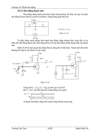 Chương 10: Mạch dao động
10.3.2 Dao động thạch anh:
Dao động dùng thạch anh như mạch cộng hưởng nối tiếp còn gọi là mạch
dao động Pierce (Pierce crystal oscillator). Dạng tổng quát như sau:
Ta thấy dạng mạch giống như mạch dao động clapp nhưng thay cuộn dây và tụ
điện nối tiếp bằng thạch anh. Dao động Pierce là loại dao động thông dụng nhất của thạch
anh.
Hình 10.29 là loại mạch dao động Pierce dùng rất ít linh kiện. Thạch anh nằm trên
đường hồi tiếp từ cực thoát về cực cổng.
Trong đó C1 = CdS; C2 = CgS tụ liên cực của FET.
Do C1 và C2 rất nhỏ nên tần số dao động của mạch:
và thạch anh được dùng như mạch cộng hưởng song song.
Trương Văn Tám X-23 Mạch Điện Tử
 