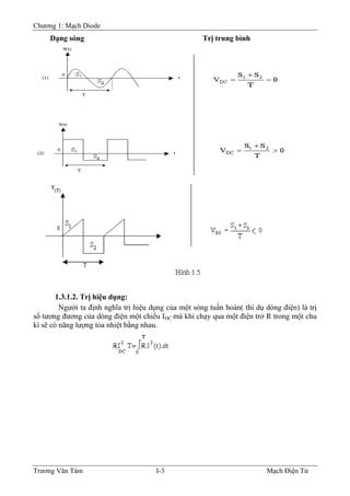 Chương 1: Mạch Diode
Dạng sóng Trị trung bình
1.3.1.2. Trị hiệu dụng:
hiệu dụng của một sóng tuần hoàn( thí dụ dòng điện) là trị
số tương
Người ta định nghĩa trị
đương của dòng điện một chiều IDC mà khi chạy qua một điện trở R trong một chu
kì sẽ có năng lượng tỏa nhiệt bằng nhau.
Trương Văn Tám I-3 Mạch Điện Tử
 