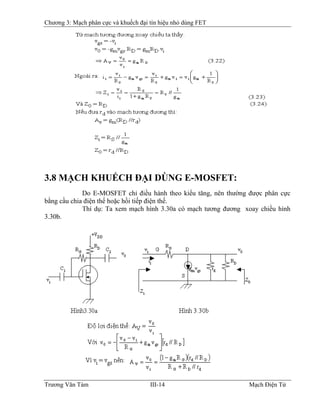 Chương 3: Mạch phân cực và khuếch đại tín hiệu nhỏ dùng FET
3.8 MẠCH KHUẾCH ÐẠI DÙNG E-MOSFET:
Do E-MOSFET chỉ điều hành theo kiểu tăng, nên thường được phân cực
bằng cầu chia điện thế hoặc hồi tiếp điện thế.
Thí dụ: Ta xem mạch hình 3.30a có mạch tương đương xoay chiều hình
3.30b.
Trương Văn Tám III-14 Mạch Điện Tử
 