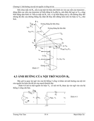 Chương 4: Ảnh hưởng của nội trở nguồn và tổng trở tải
Khi chưa mắc tải RL, nếu ta áp một tín hiệu nhỏ hình sin vào cực nền của transistor ,
dòng điện cực nền của transistor sẽ biến động từ IB1đến IB3 nên điện thế ngỏ ra VCE cũng
biến động như hình vẽ. Nếu ta mắc tải RL vào, vì sự biến động của IB vẫn không thay đổi
nhưng độ dốc của đường thẳng lấy điện đã thay đổi (đứng hơn) nên tín hiệu ra V
B
CE nhỏ
hơn.
4.3 ẢNH HƯỞNG CỦA NỘI TRỞ NGUỒN RS
Bây giờ ta quay lại ngõ vào của hệ thống 2 cổng và khảo sát ảnh hưởng của nội trở
của nguồn tín hiệu lên độ lợi của mạch khuếch đại.
Hình 4.8 mô tả một nguồn tín hiệu VS có nội trở RS được áp vào ngõ vào của hệ
thống 2 cổng căn bản.
Trương Văn Tám IV-4 Mạch Điện Tử
 