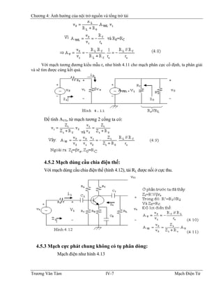 Chương 4: Ảnh hưởng của nội trở nguồn và tổng trở tải
Với mạch tương đương kiểu mẫu re như hình 4.11 cho mạch phân cực cố định, ta phân giải
và sẽ tìm được cùng kết quả.
Ðể tính AVS, từ mạch tương 2 cổng ta có:
4.5.2 Mạch dùng cầu chia điện thế:
Với mạch dùng cầu chia điện thế (hình 4.12), tải RL được nối ở cực thu.
4.5.3 Mạch cực phát chung không có tụ phân dòng:
Mạch điện như hình 4.13
Trương Văn Tám IV-7 Mạch Điện Tử
 