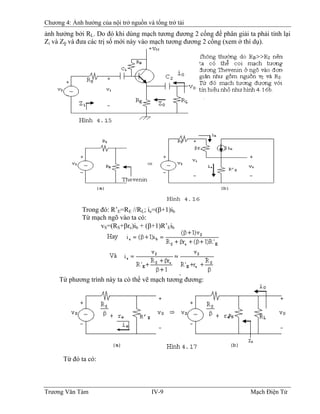 Chương 4: Ảnh hưởng của nội trở nguồn và tổng trở tải
ảnh hưởng bởi RL. Do đó khi dùng mạch tương đương 2 cổng để phân giải ta phải tính lại
Zi và Z0 và đưa các trị số mới này vào mạch tương đương 2 cổng (xem ở thí dụ).
Trong đó: R’E=RE //RL; ie=(β+1)ib
Từ mạch ngõ vào ta có:
vS=(RS+βre)ib + (β+1)R’Eib
Từ phương trình này ta có thể vẽ mạch tương đương:
Từ đó ta có:
Trương Văn Tám IV-9 Mạch Điện Tử
 