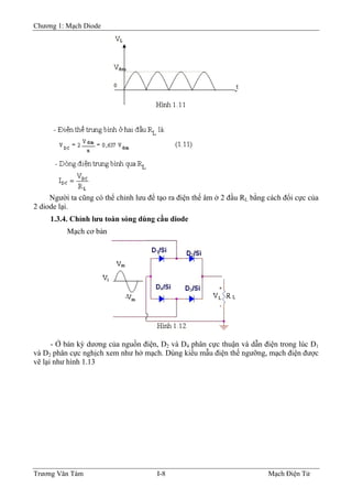 Chương 1: Mạch Diode
Người ta cũng có thể chỉnh lưu để tạo ra điện thế âm ở 2 đầu RL bằng cách đổi cực của
2 diode lại.
1.3.4. Chỉnh lưu toàn sóng dùng cầu diode
Mạch cơ bản
- Ở bán kỳ dương của nguồn điện, D2 và D4 phân cực thuận và dẫn điện trong lúc D1
và D2 phân cực nghịch xem như hở mạch. Dùng kiểu mẫu điện thế ngưỡng, mạch điện được
vẽ lại như hình 1.13
Trương Văn Tám I-8 Mạch Điện Tử
 