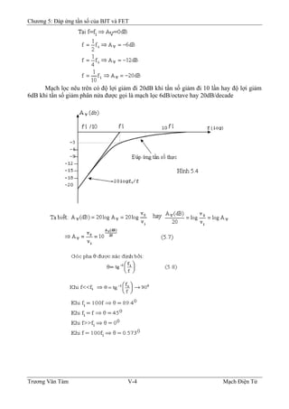 Chương 5: Đáp ứng tần số của BJT và FET
Mạch lọc nêu trên có độ lợi giảm đi 20dB khi tần số giảm đi 10 lần hay độ lợi giảm
6dB khi tần số giảm phân nửa được gọi là mạch lọc 6dB/octave hay 20dB/decade
Trương Văn Tám V-4 Mạch Điện Tử
 