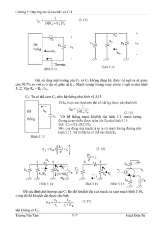 Chương 5: Đáp ứng tần số của BJT và FET
Giả sử rằng ảnh hưởng của CS và CE không đáng kể, điện thế ngõ ra sẽ giảm
còn 70.7% so với v0 ở tần số giữa tại fLC. Mạch tương đương xoay chiều ở ngõ ra như hình
5.12. Vậy R0 = RC //r0.
CE: Ta có thể xem CE nhìn hệ thống như hình vẽ 5.13
Ðể xác định ảnh hưởng của CE lên độ khuếch đại của mạch, ta xem mạch hình 5.16,
trong đó độ khuếch đại được cho bởi:
khi không có CE.
Trương Văn Tám V-7 Mạch Điện Tử
 